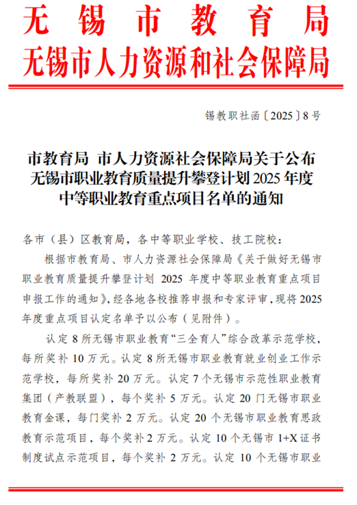 喜报:我校多个项目入选无锡市职业教育质量提升攀登计划2025年度重点项目
